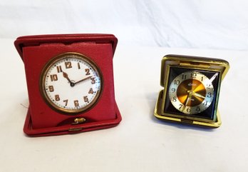 Antique Swiss '8 Days' Travel Alarm Clock With Leather Case & Vintage Linden Travel Alarm Clock