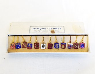Twelve RARE Vintage Marque-verress Le Provinces Francais Broches Gold Enameled Glass Markers