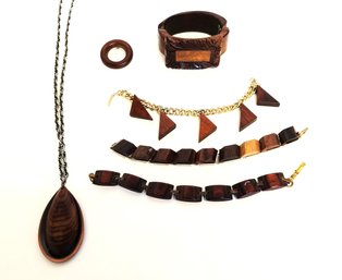 Vintage MCM Chunky Wood Jewelry  Lot: Bracelets, Pendant Necklace, Wood Carved Bracelet & Pin