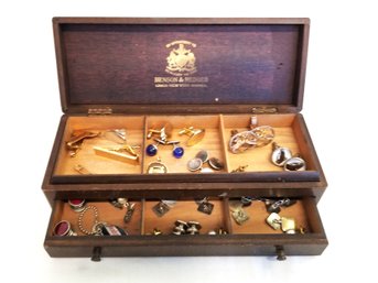 Men's Vintage Cufflinks & Tie Clips With Wooden Jewelry Box