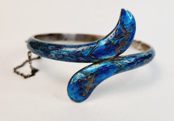 1 Of A Kind Sterling Silver Blue Enamel Inlay  From India  Hinged Bangle Bracelet