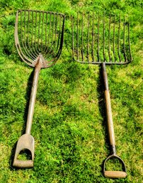 Antique Potato Shovel And Pitchfork - Hand Forged Iron/Wood