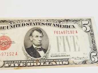 1928 Red Seal $5 Dollar Bill / U S Note Old Design  FIRST Reduced Size Bill