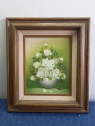 White And Green Floral Signed Oil On Canvas
