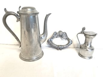 Vintage Pewter Tea Pot, Creamer With Lid & Angel With Wings Business Card Holder