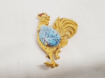 Vintage MCM Jeanne Gold Tone Jelly Belly Chicken Rooster Pin Brooch With Red Stone Crown