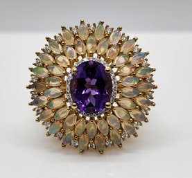 Premium Amethyst, Ethiopian Welo Opal Cocktail Ring In Yellow Gold Over Sterling