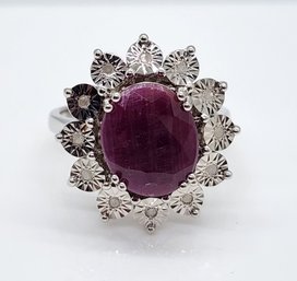 Red Ruby, White Diamond, Rhodium Over Sterling Ring