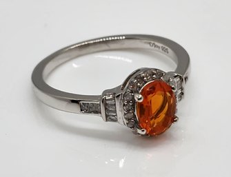 Mexican Fire Opal, Diamond Halo Ring In Platinum Over Sterling