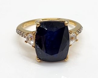 Blue Sapphire (FF), White Zircon Ring In Yellow Gold Over Sterling