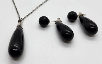 Black Jade Drop Earrings & Pendant In Rhodium Over Sterling With Stainless Necklace
