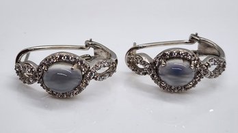 Aurora Moonstone, White Zircon, Omega Clip Earrings In Platinum Over Sterling