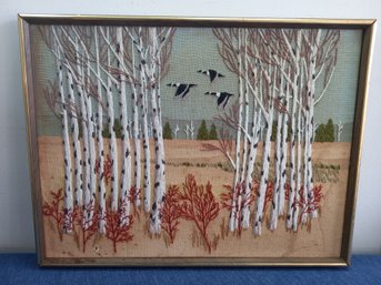 Geese Flying By Birch Trees Embroidered Art