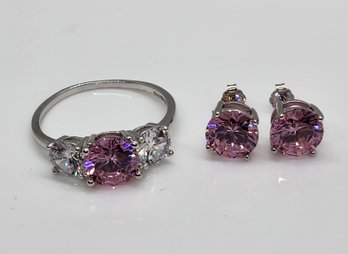 Premium Pink & White CZ Ring & Earrings In Platinum Over Sterling