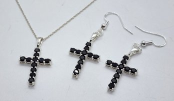 Black Spinel Cross Pendant Necklace & Matching Earrings In Sterling