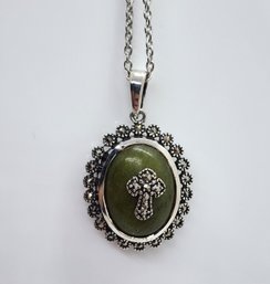 Connemara Marble, Marcasite Ireland Cross Pendant Necklace In Black Oxidized Sterling