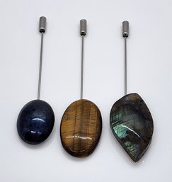 3 Assorted Gem Stick Pins In Stainless Steel