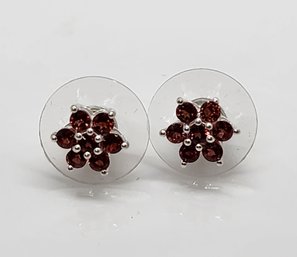 Red Garnet Floral Stud Earrings In Sterling