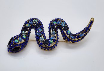 Austrian Crystal, Black & Blue Glass Snake Brooch In Gold Tone