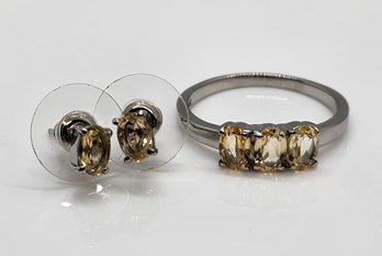 Brazilian Citrine 3 Stone Ring & Earrings In Stainless