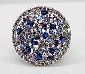 Lab Blue Spinel, Premium Purple & White CZ, Rhodium Over Sterling Cluster Ring