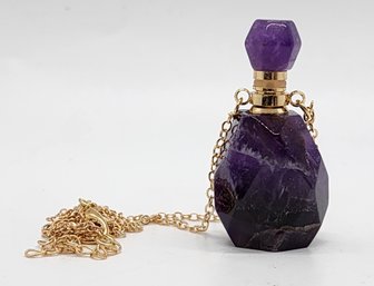 Amethyst Perfume Bottle Pendant Necklace In Gold Tone