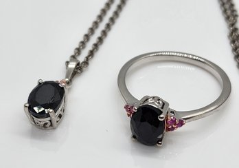 Blue & Pink Sapphire Ring & Pendant In Platinum Over Sterling