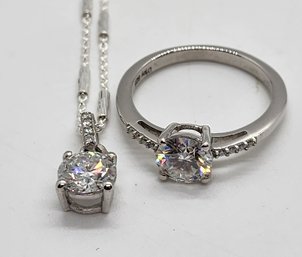 100 Facet Moissanite Ring & Pendant Necklace In Platinum Over Sterling