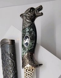Dark Silver Outdoor Hunting Knife With Stainless Blade & Scabbard Handle & Coyote Head Pommel