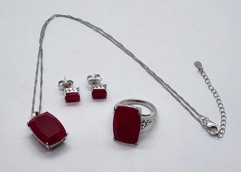 Pink Onyx, Rhodium Over Sterling Ring, Earrings & Pendant Necklace