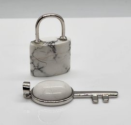 White Howlite Lock & Key Pendants In Silvertone