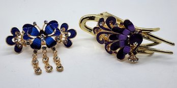 Blue & Purple Resin, Austrian Crystal, Enameled Butterfly & Flower Hair Clips