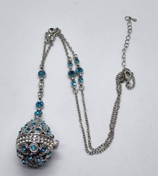 Blue & White Austrian Crystal Openable Easter Egg Necklace With Magnet In Silvertone