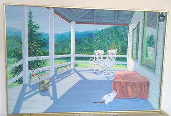 Framed Painting Of Idyllic Porch Scene With Rocking Chairs