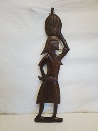 Vintage Tribal African Carved Wood Wall Art - Woman With Bucket On Head