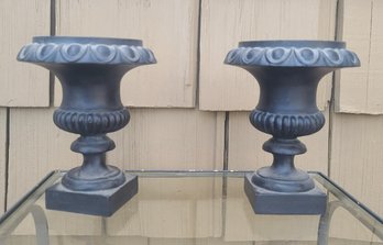 Pair Of Small Vintage Cast Iron Urn Planters