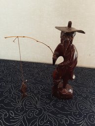 Wood Carved Asian Fisherman Figurine