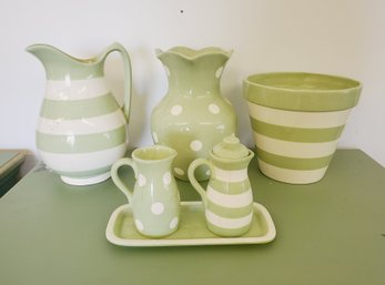 Pretty Assorted Celedon Green & White Pottery - Pitcher, Planter Pot, Vase & More