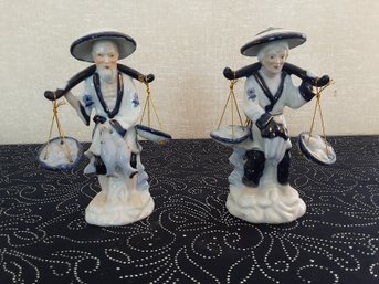 Vintage Chinese Blue/White Porcelain Fisherman Figures