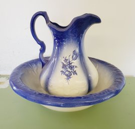 Antique Cobalt Blue & White Ironstone Floral Design Pitcher & Wash Basin Bowl