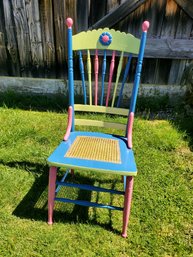 Cute Colorful Hand Painted Vintage Spindle Back Caned Seat Chair