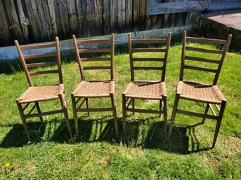 Set Of Four Vintage Small Wood Ladder Back Natural Rush Seat Chairs
