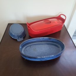 Red Enamel Caste Iron, One Blue Cruet , Both Oven To Tableware And A Heavy Ceramic Serving Dish