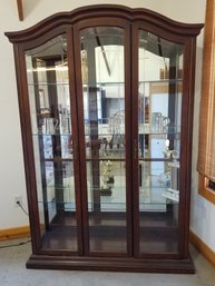 Vintage Lighted Cherry Wood & Glass Large Curio Cabinet By Philip Reinisch Co