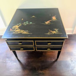 The Imperial Company's  Vintage HandPainted Asian Side Table With  Brass Accents,  Tapered Legs,