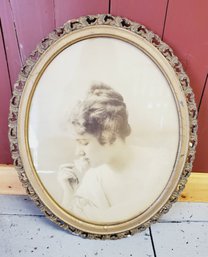 Antique Oval Wood Framed Portrait Of A Woman Holding A Flower