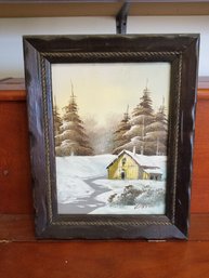 Vintage Oil Painting By Layton Winter Scene Of Small Barn Landscape