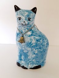 Cute Vintage 1970s Spongepaint Blue Ceramic Cat Coin Bank From AA Importing