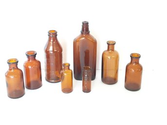 Lot Of Eight Antique Vintage Amber Brown Bottles Including Lysol