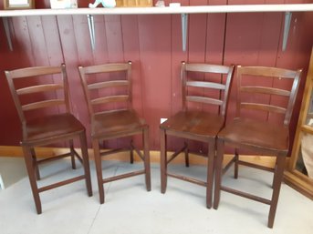 Four Dark Wood Bar Table Height Ladder Back Chairs